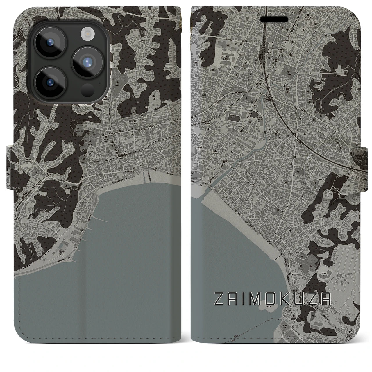 【材木座(神奈川県)】地図柄iPhoneケース(手帳タイプ)モノトーン・iPhone 15 Pro Max 用