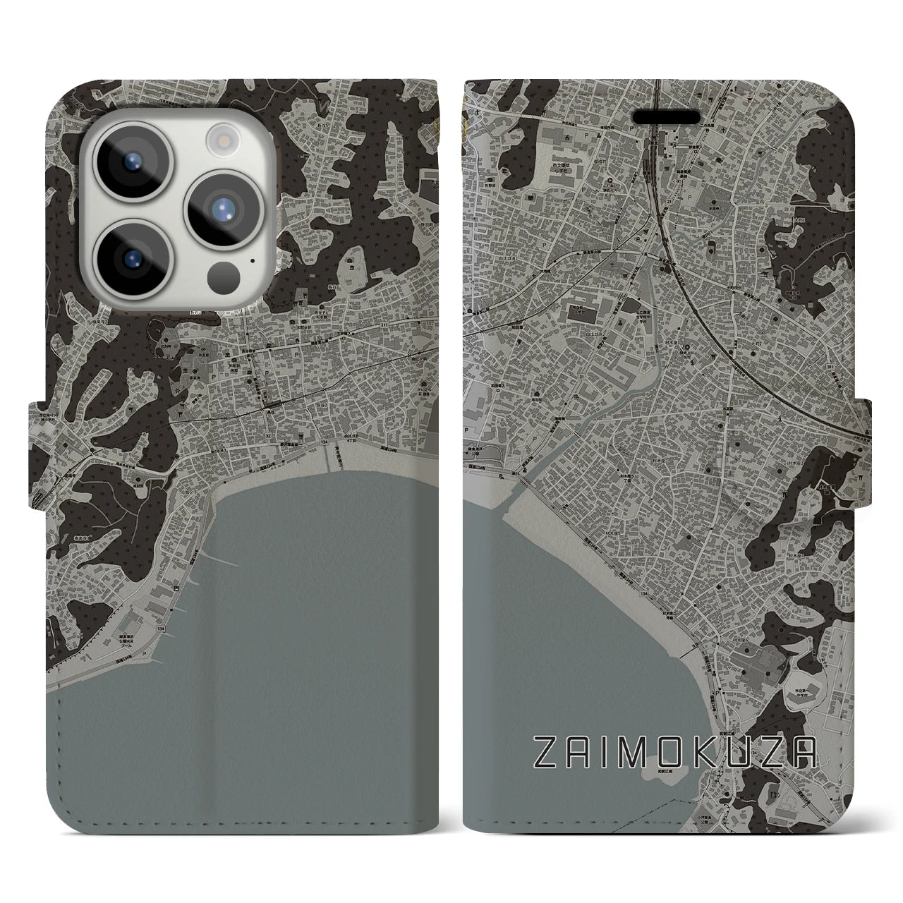 【材木座(神奈川県)】地図柄iPhoneケース(手帳タイプ)モノトーン・iPhone 15 Pro 用