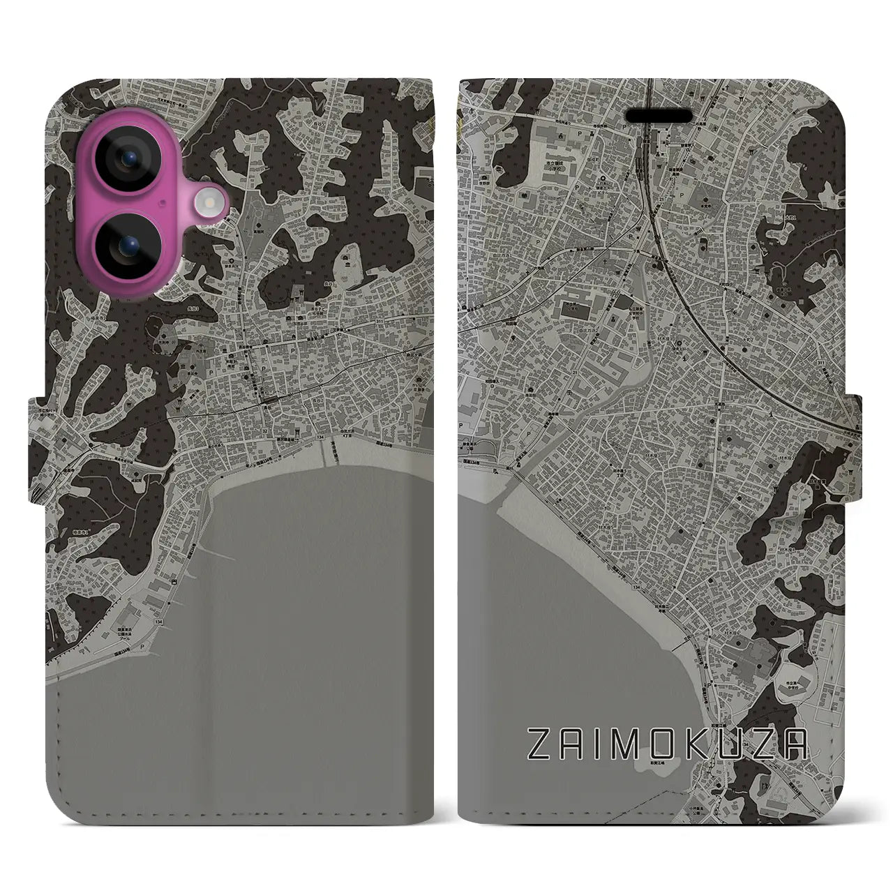 【材木座(神奈川県)】地図柄iPhoneケース(手帳タイプ)モノトーン・iPhone 16 Pro 用