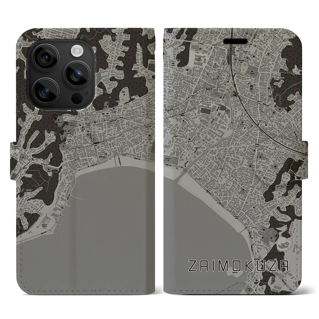 【材木座(神奈川県)】地図柄iPhoneケース(手帳タイプ)モノトーン・iPhone 16 用