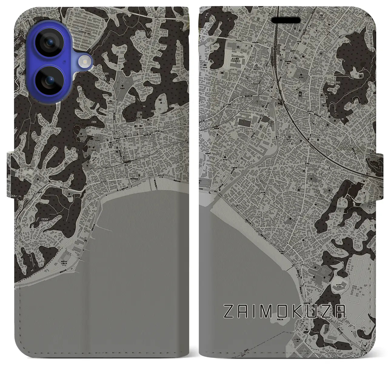 【材木座(神奈川県)】地図柄iPhoneケース(手帳タイプ)モノトーン・iPhone 16 Pro Max 用