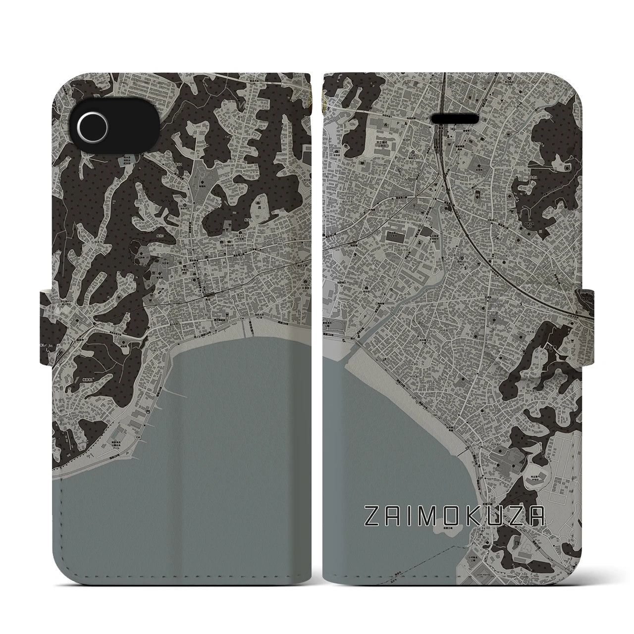 【材木座(神奈川県)】地図柄iPhoneケース(手帳タイプ)モノトーン・iPhone SE(第3 / 第2世代) / 8 / 7 / 6s / 6 用