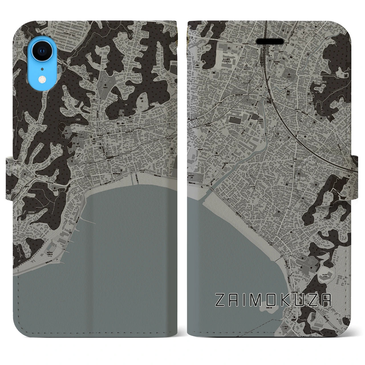 【材木座(神奈川県)】地図柄iPhoneケース(手帳タイプ)モノトーン・iPhone XR 用