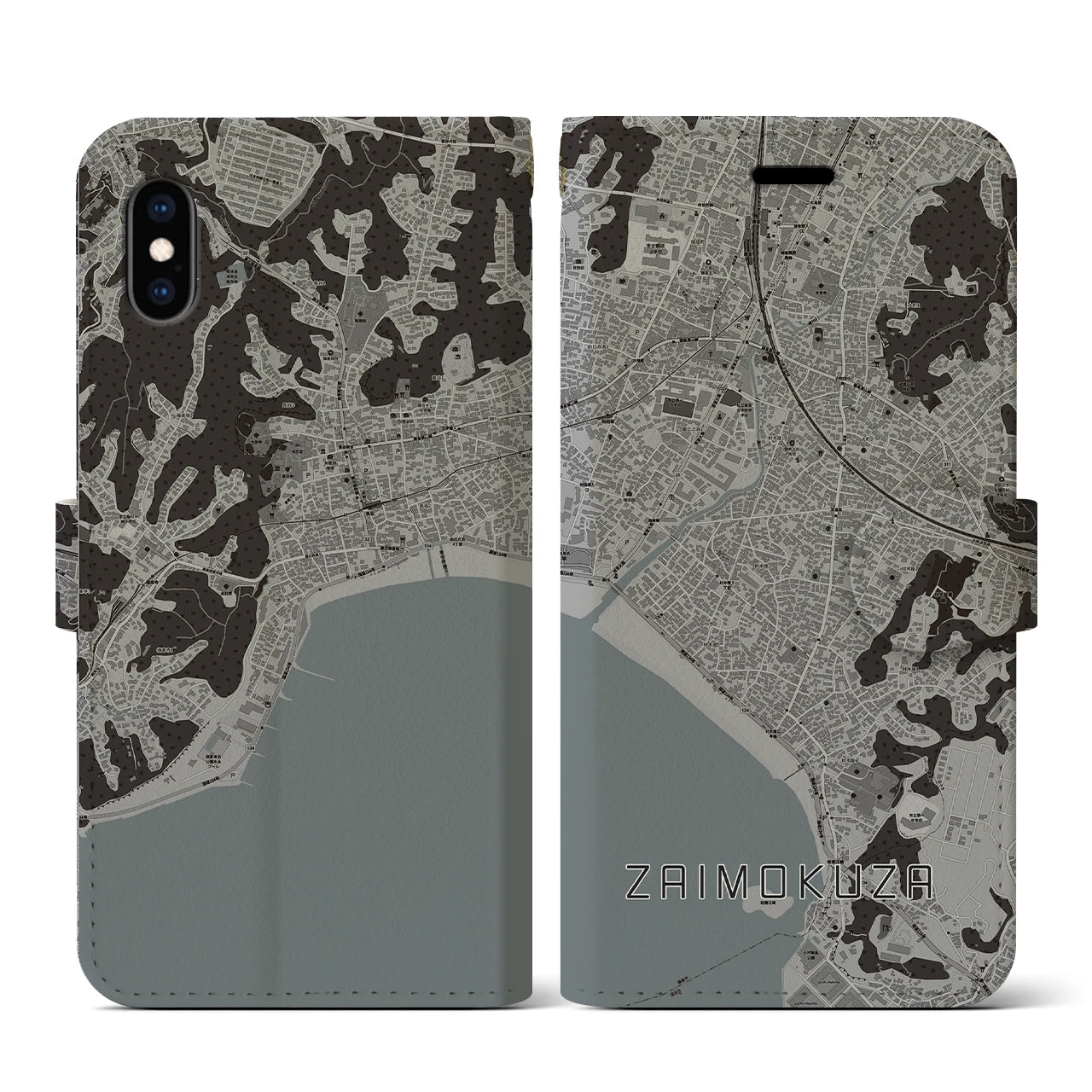 【材木座(神奈川県)】地図柄iPhoneケース(手帳タイプ)モノトーン・iPhone XS / X 用