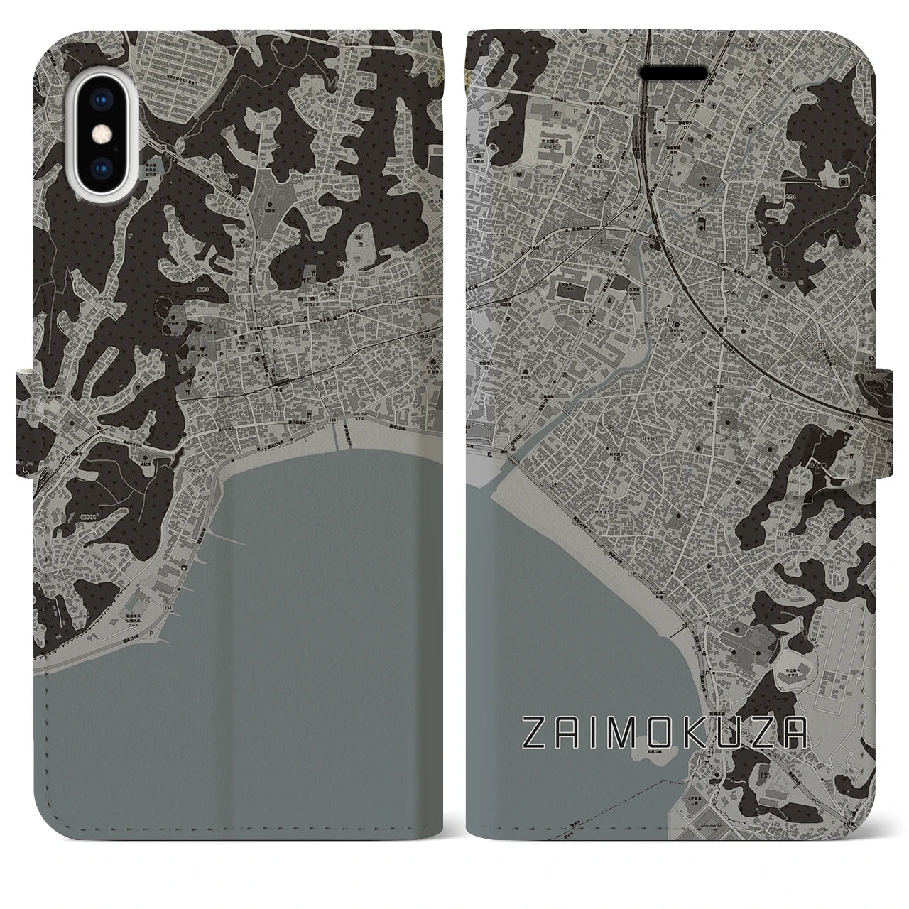 【材木座(神奈川県)】地図柄iPhoneケース(手帳タイプ)モノトーン・iPhone XS Max 用