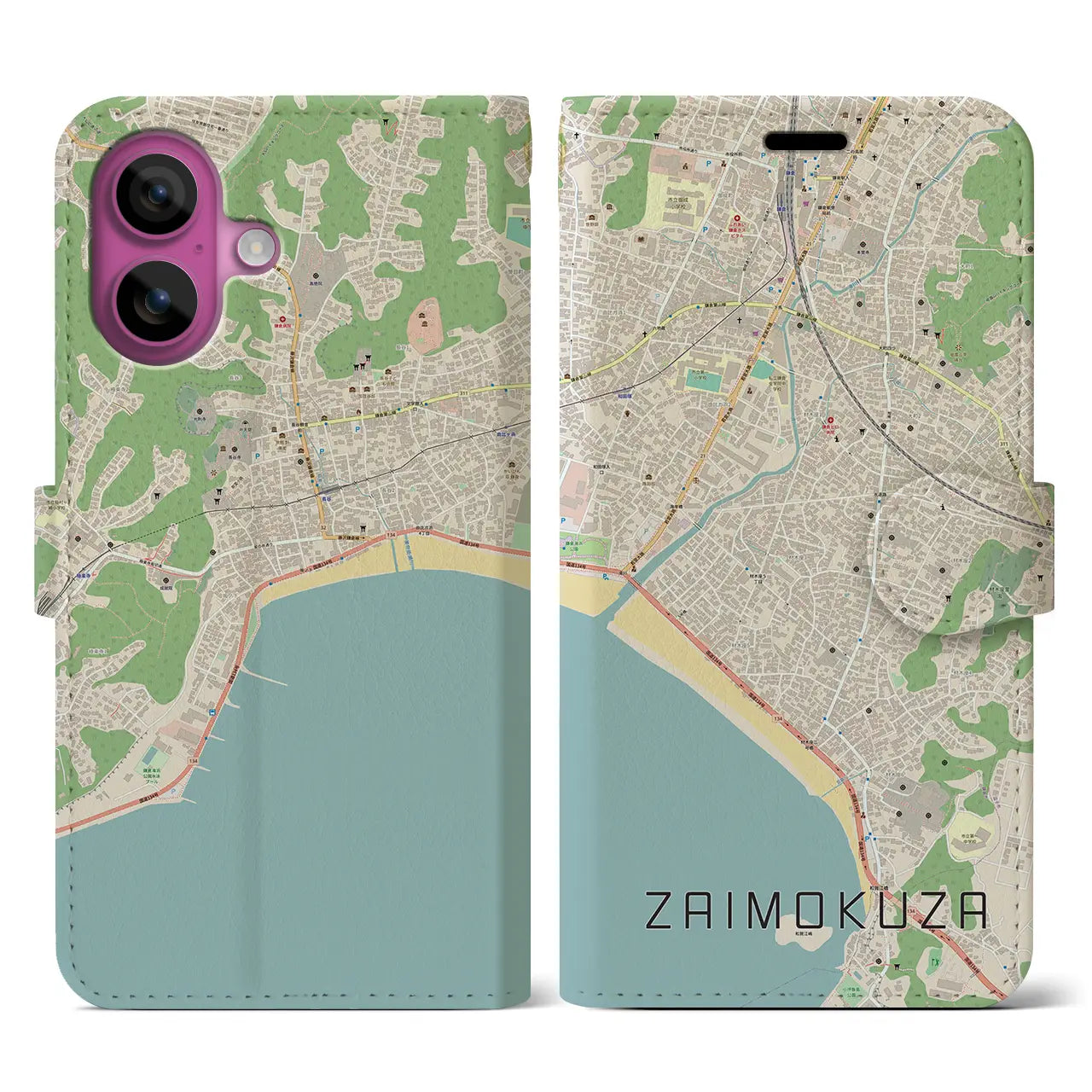 【材木座(神奈川県)】地図柄iPhoneケース(手帳タイプ)ナチュラル・iPhone 16 Pro 用