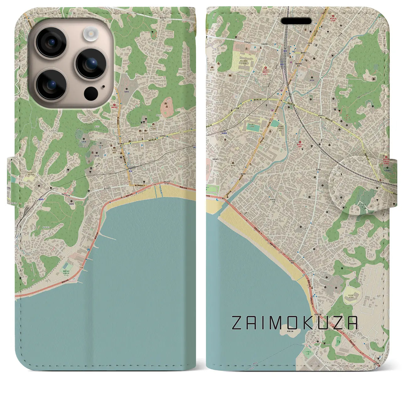 【材木座(神奈川県)】地図柄iPhoneケース(手帳タイプ)ナチュラル・iPhone 16 Plus 用
