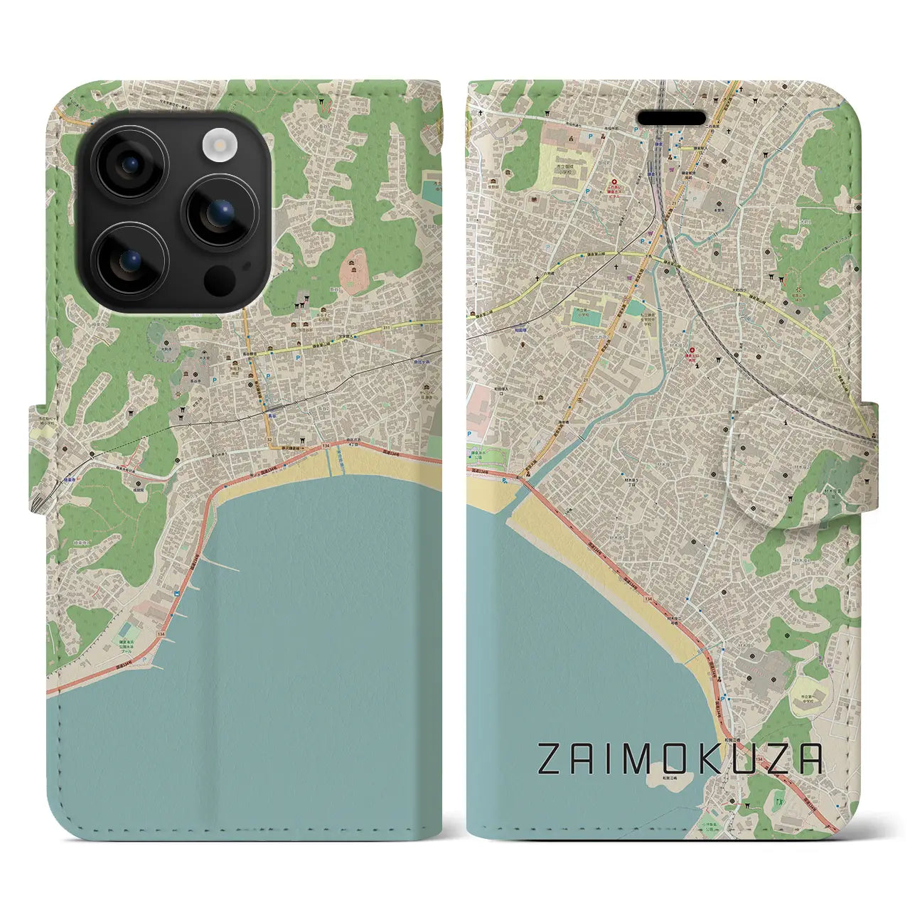 【材木座(神奈川県)】地図柄iPhoneケース(手帳タイプ)ナチュラル・iPhone 16 用