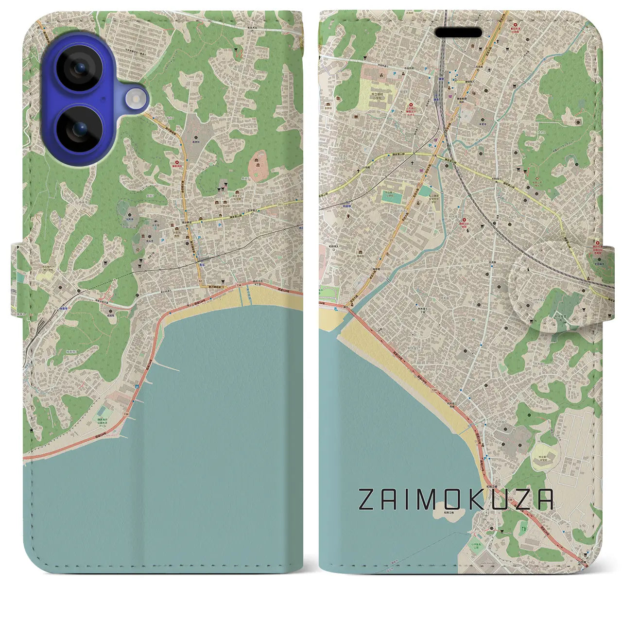 【材木座(神奈川県)】地図柄iPhoneケース(手帳タイプ)ナチュラル・iPhone 16 Pro Max 用