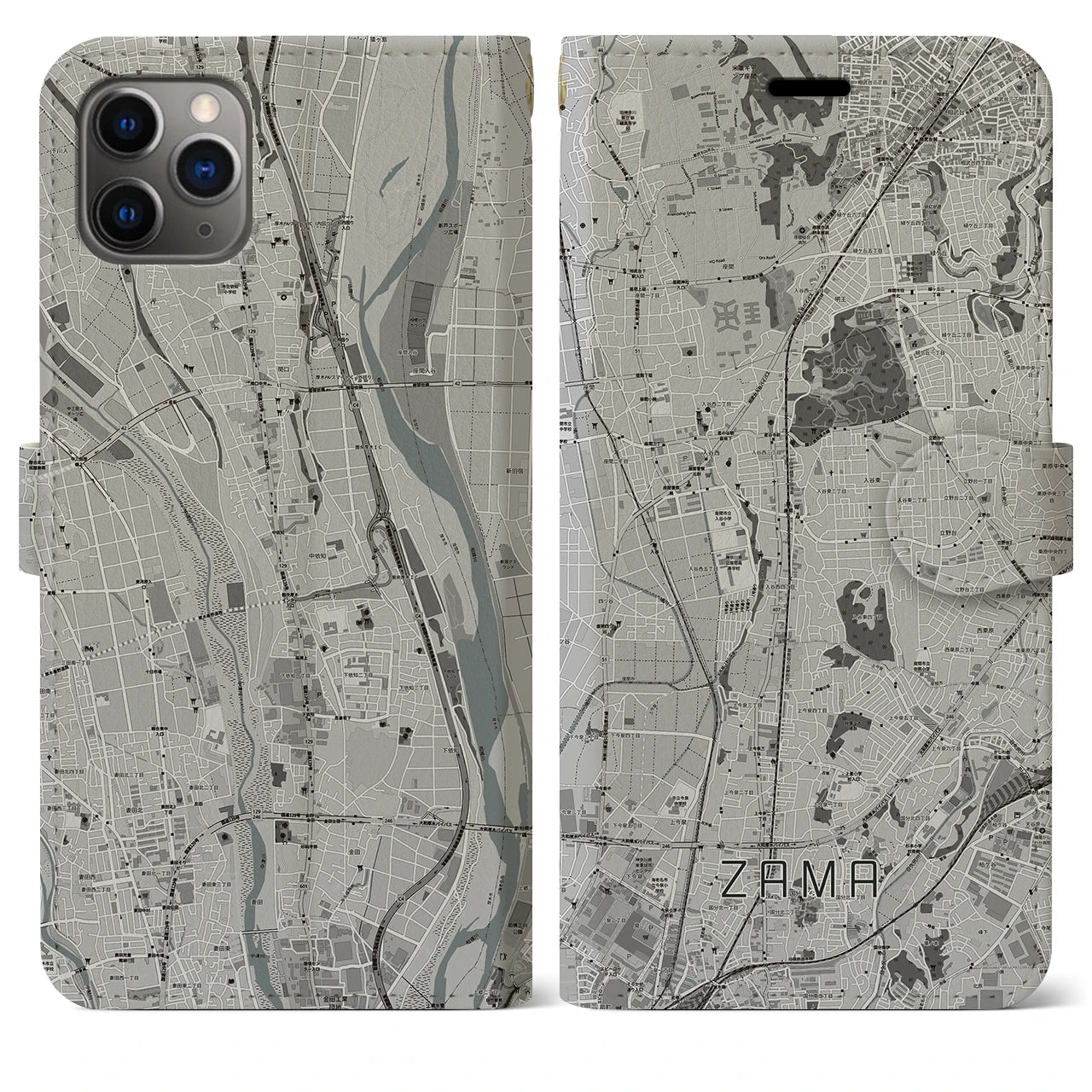 【座間(神奈川県)】地図柄iPhoneケース(手帳タイプ)モノトーン・iPhone 11 Pro Max 用