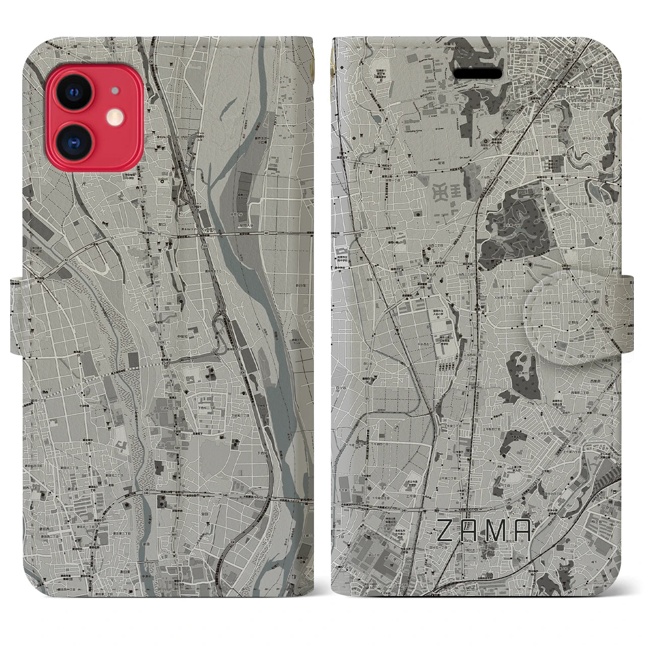 【座間(神奈川県)】地図柄iPhoneケース(手帳タイプ)モノトーン・iPhone 11 用