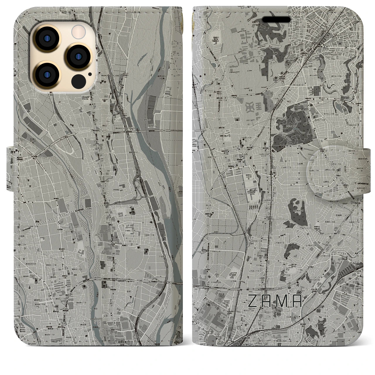 【座間(神奈川県)】地図柄iPhoneケース(手帳タイプ)モノトーン・iPhone 12 Pro Max 用