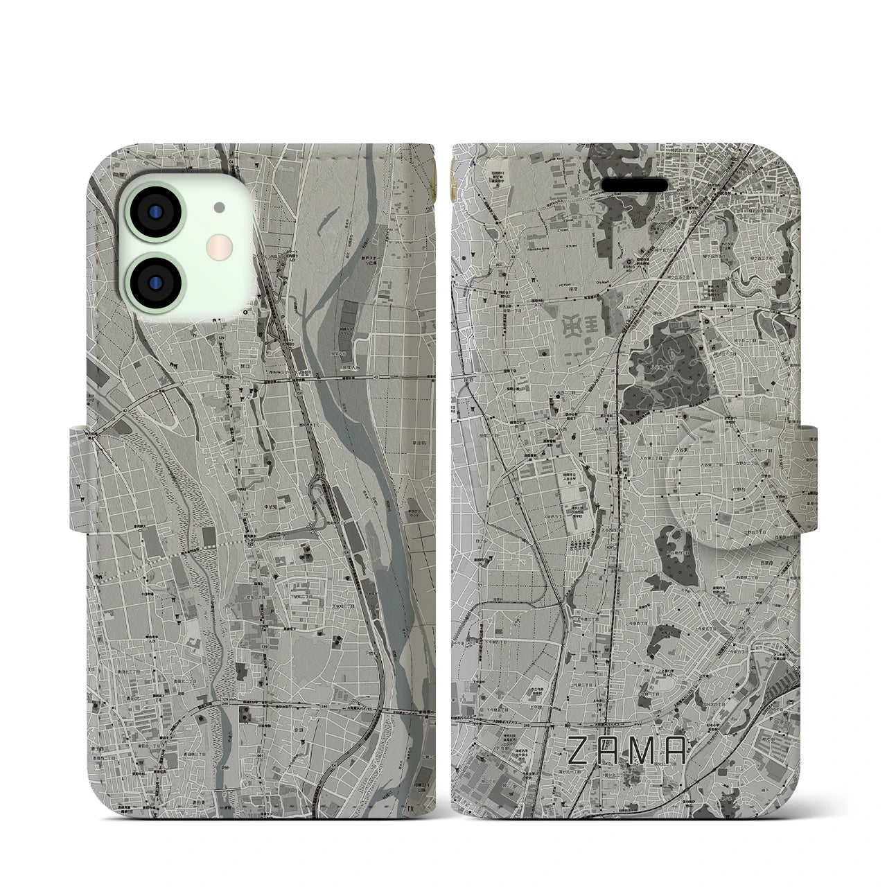 【座間(神奈川県)】地図柄iPhoneケース(手帳タイプ)モノトーン・iPhone 12 mini 用
