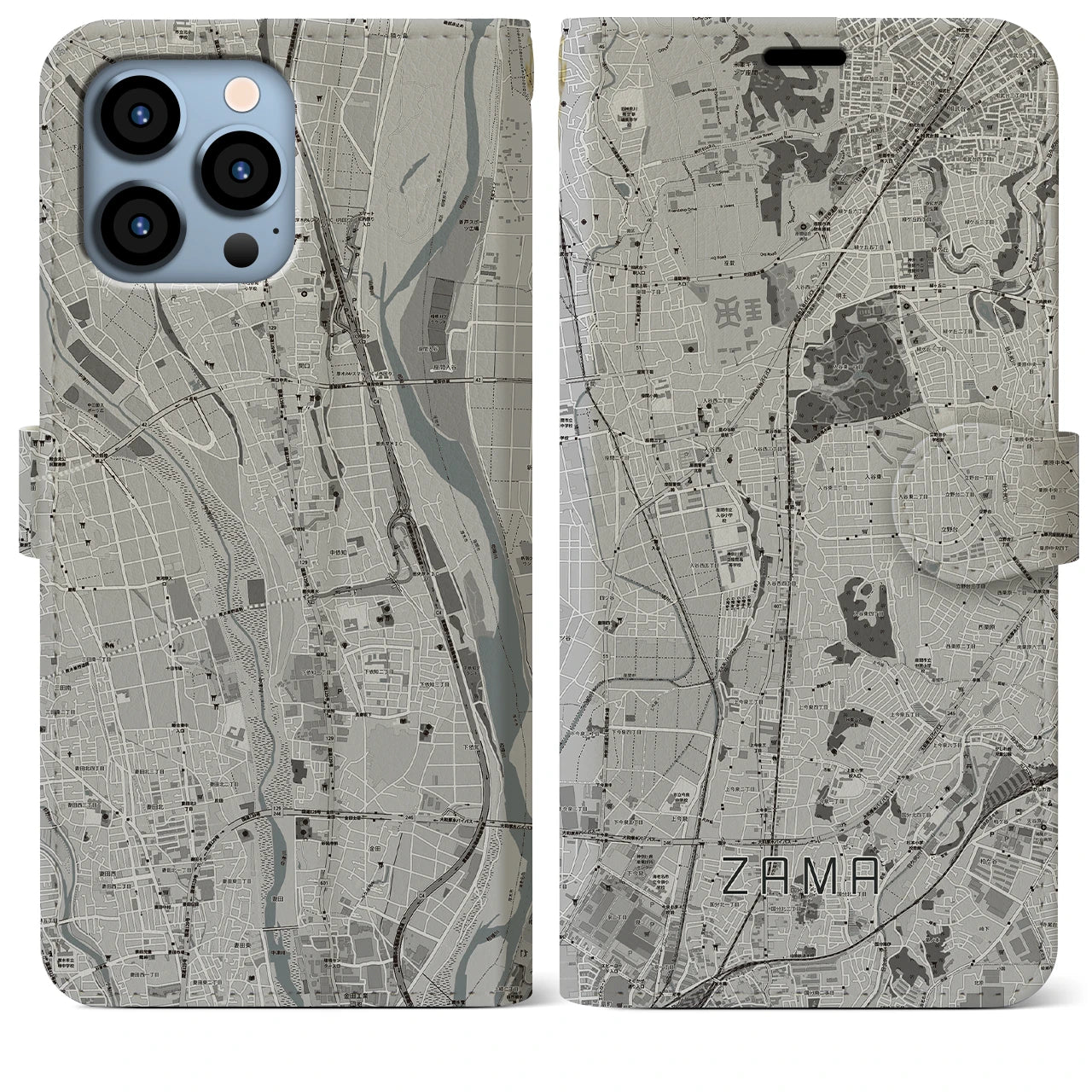 【座間(神奈川県)】地図柄iPhoneケース(手帳タイプ)モノトーン・iPhone 13 Pro Max 用