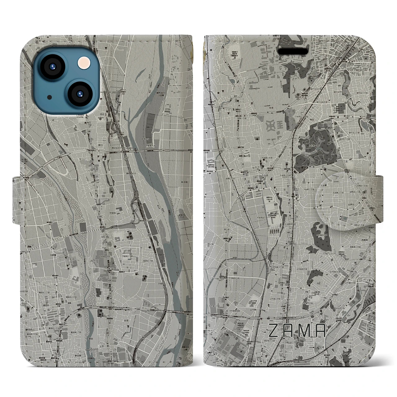 【座間(神奈川県)】地図柄iPhoneケース(手帳タイプ)モノトーン・iPhone 13 用