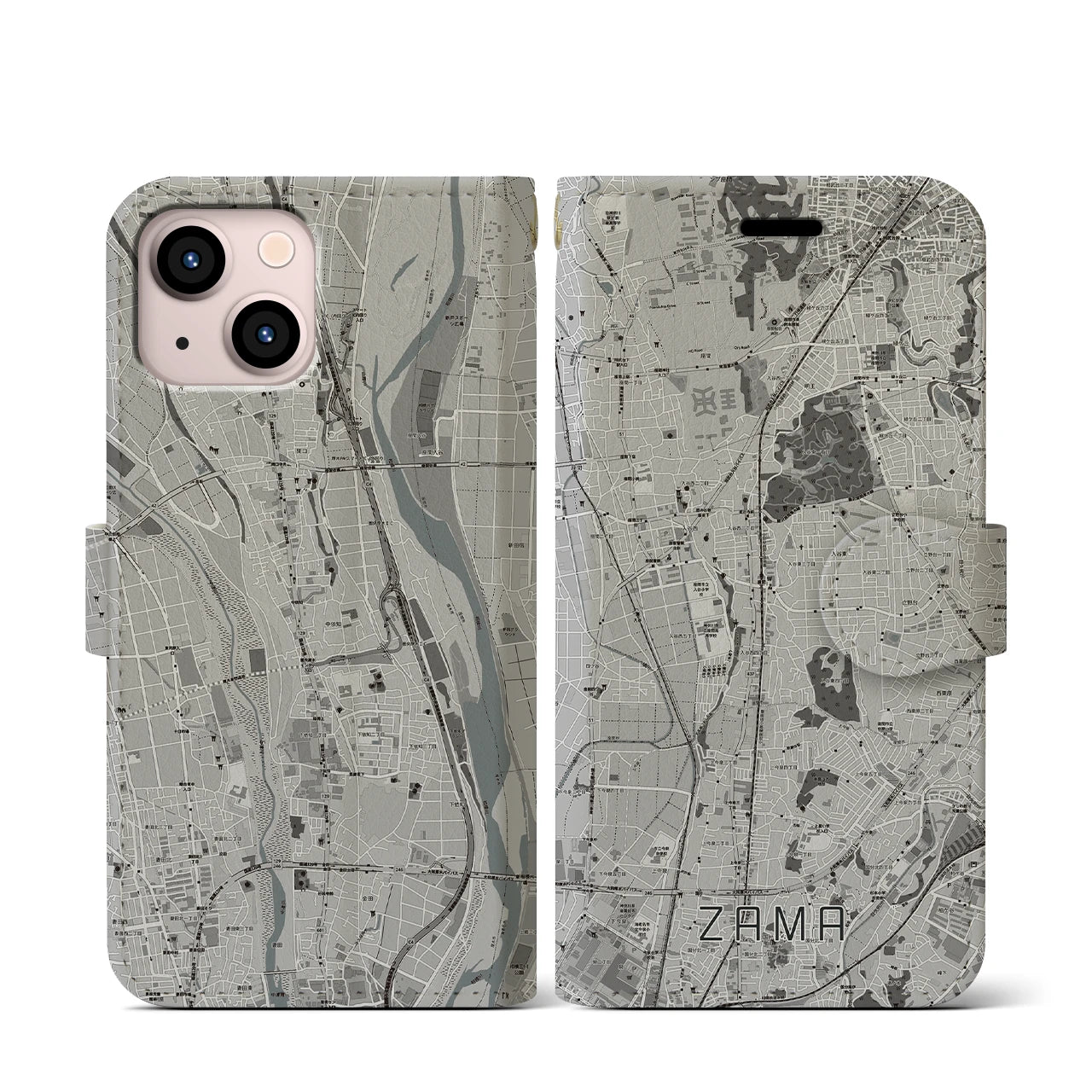 【座間(神奈川県)】地図柄iPhoneケース(手帳タイプ)モノトーン・iPhone 13 mini 用