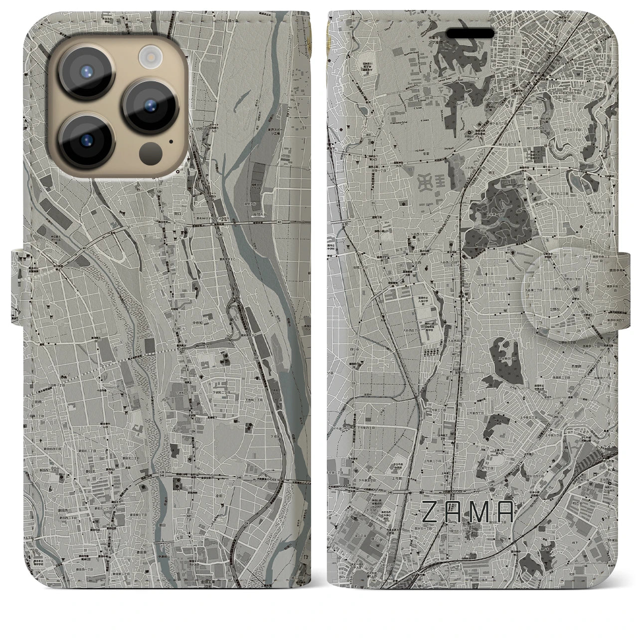 【座間(神奈川県)】地図柄iPhoneケース(手帳タイプ)モノトーン・iPhone 14 Pro Max 用