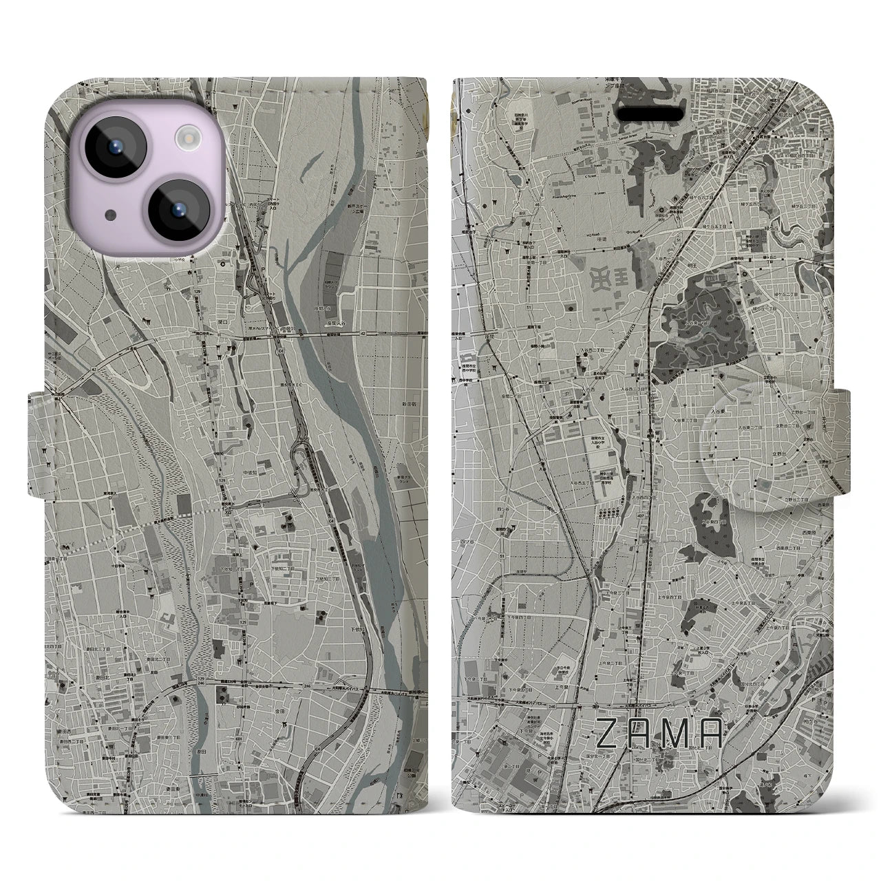 【座間(神奈川県)】地図柄iPhoneケース(手帳タイプ)モノトーン・iPhone 14 用