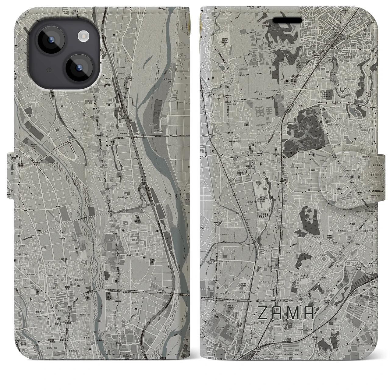 【座間(神奈川県)】地図柄iPhoneケース(手帳タイプ)モノトーン・iPhone 14 Plus 用