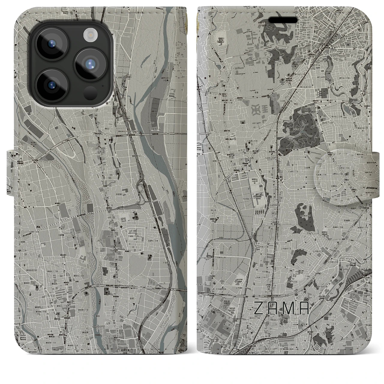 【座間(神奈川県)】地図柄iPhoneケース(手帳タイプ)モノトーン・iPhone 15 Pro Max 用