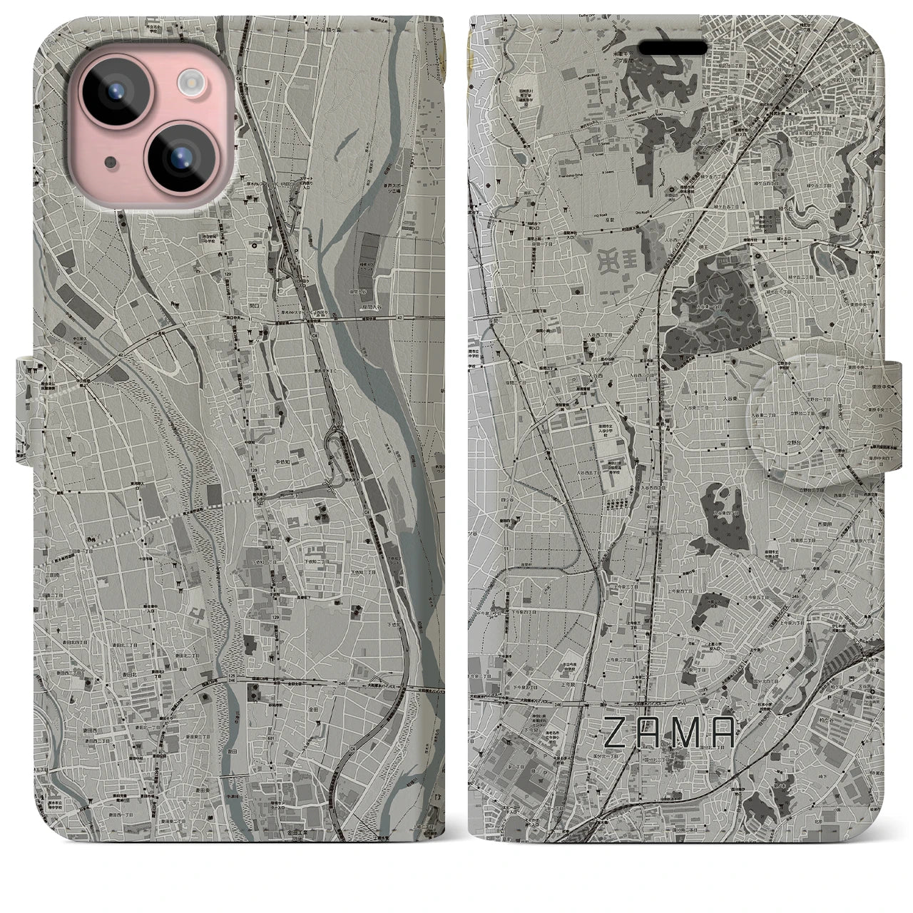 【座間(神奈川県)】地図柄iPhoneケース(手帳タイプ)モノトーン・iPhone 15 Plus 用