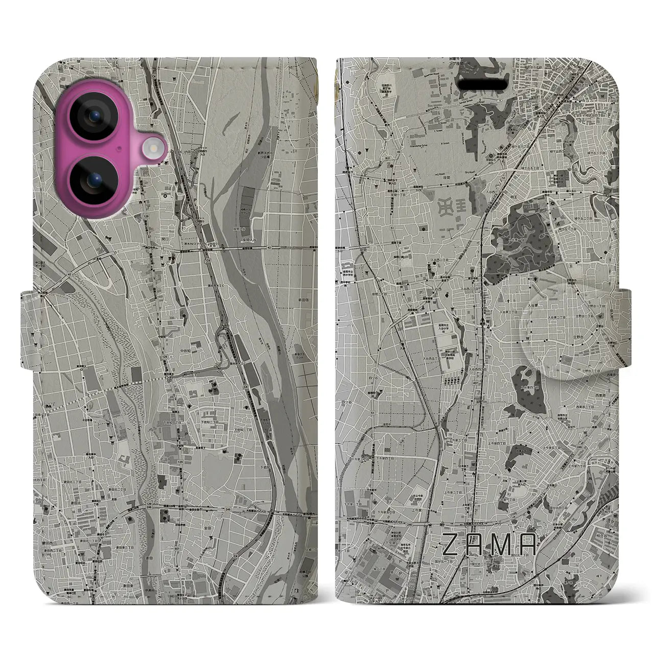 【座間(神奈川県)】地図柄iPhoneケース(手帳タイプ)モノトーン・iPhone 16 Pro 用