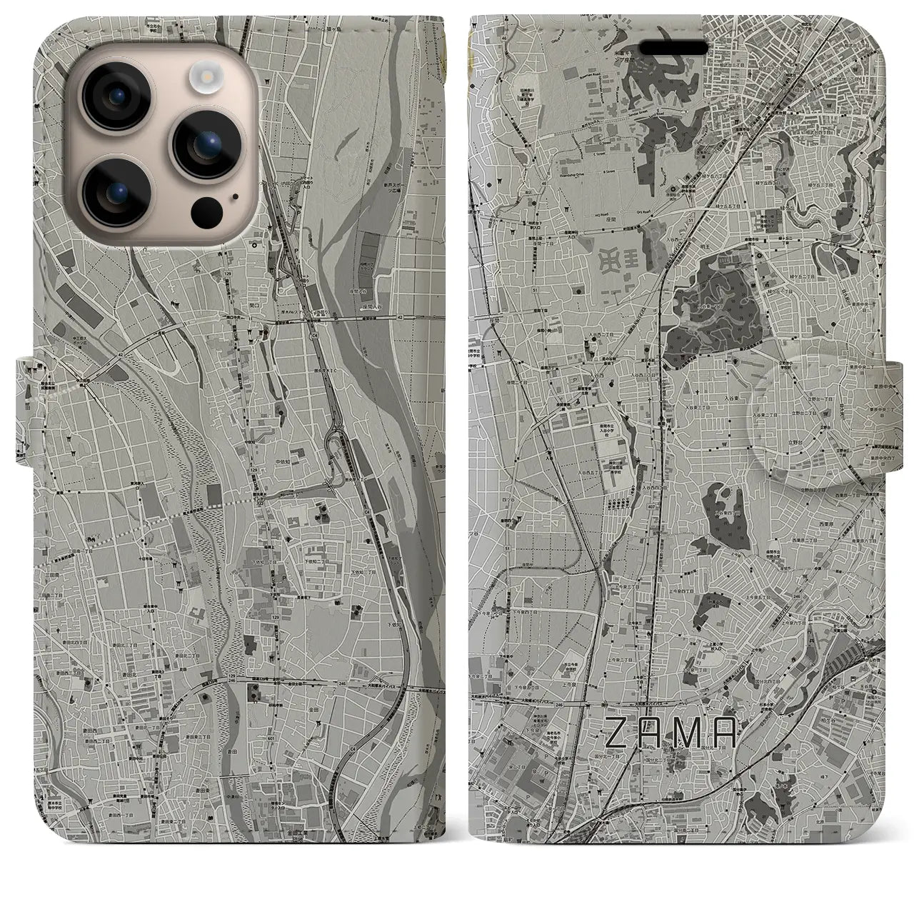 【座間(神奈川県)】地図柄iPhoneケース(手帳タイプ)モノトーン・iPhone 16 Plus 用