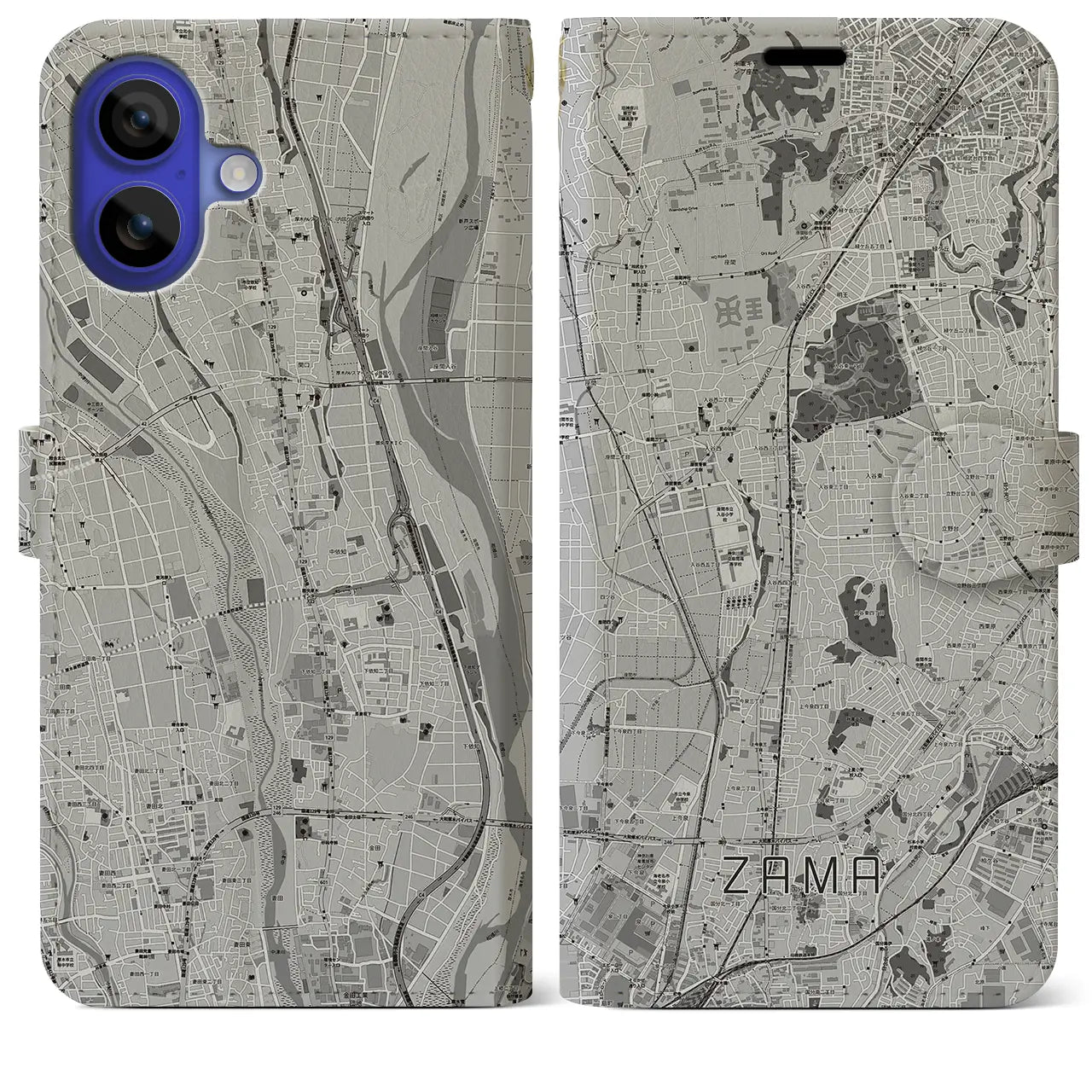【座間(神奈川県)】地図柄iPhoneケース(手帳タイプ)モノトーン・iPhone 16 Pro Max 用