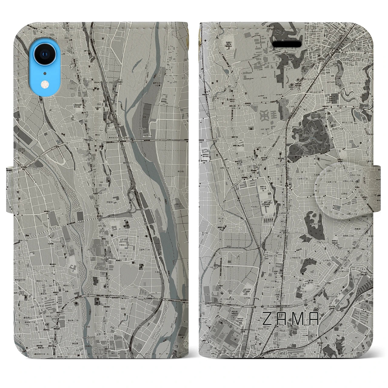 【座間(神奈川県)】地図柄iPhoneケース(手帳タイプ)モノトーン・iPhone XR 用
