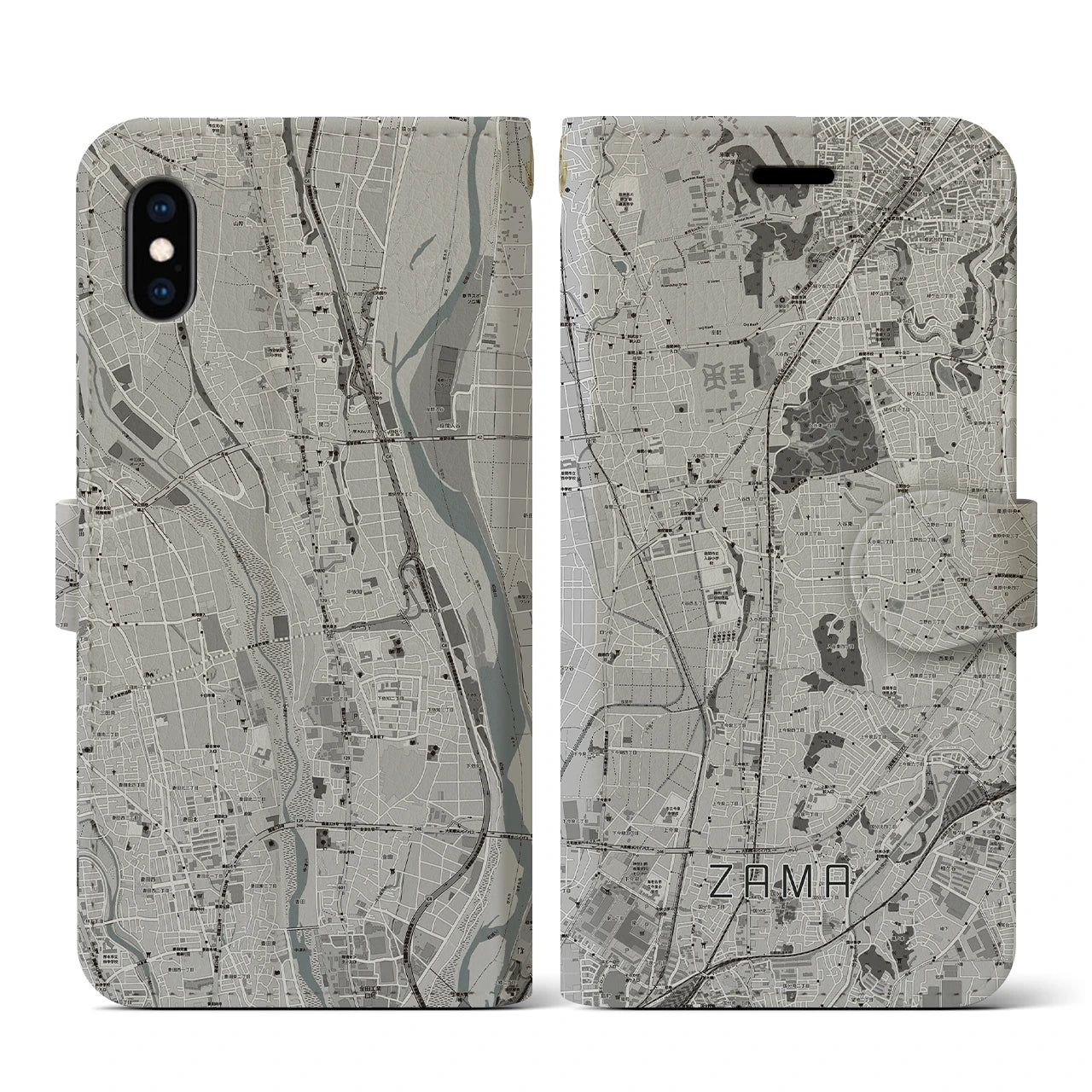 【座間(神奈川県)】地図柄iPhoneケース(手帳タイプ)モノトーン・iPhone XS / X 用