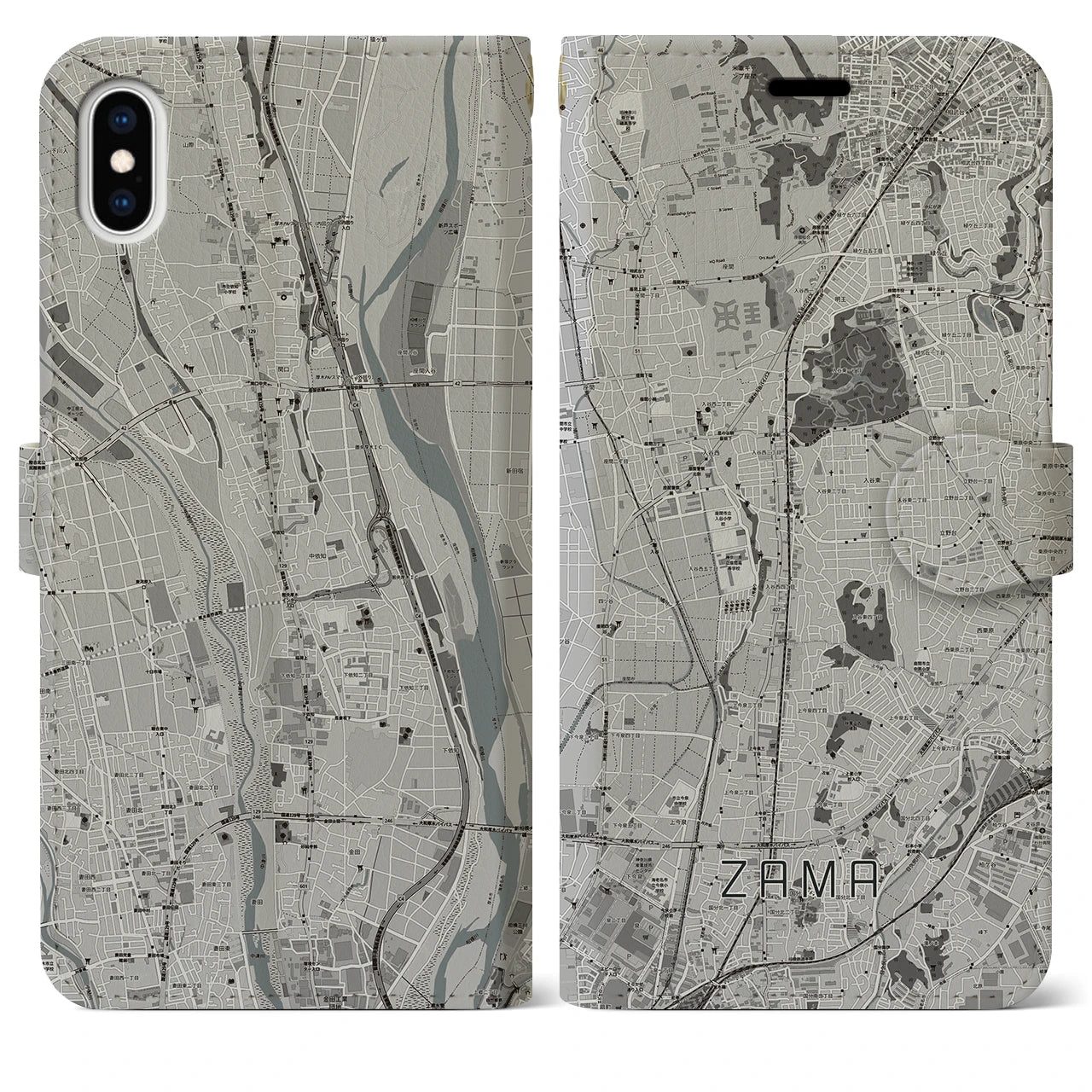 【座間(神奈川県)】地図柄iPhoneケース(手帳タイプ)モノトーン・iPhone XS Max 用