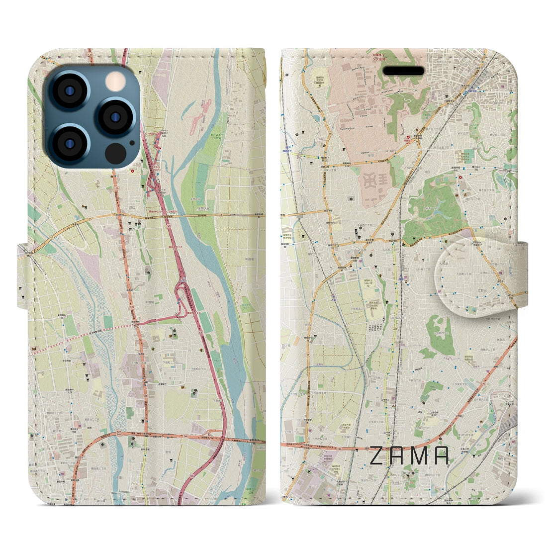 【座間(神奈川県)】地図柄iPhoneケース(手帳タイプ)ナチュラル・iPhone 12 / 12 Pro 用