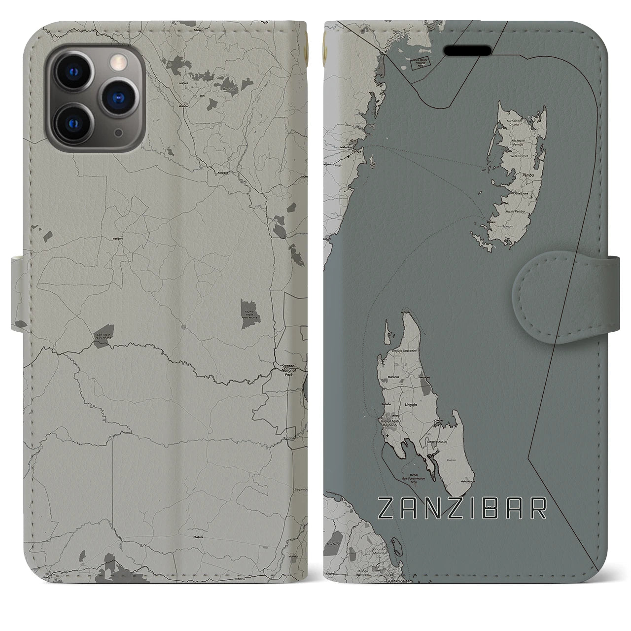 【ザンジバル(タンザニア)】地図柄iPhoneケース(手帳タイプ)モノトーン・iPhone 11 Pro Max 用