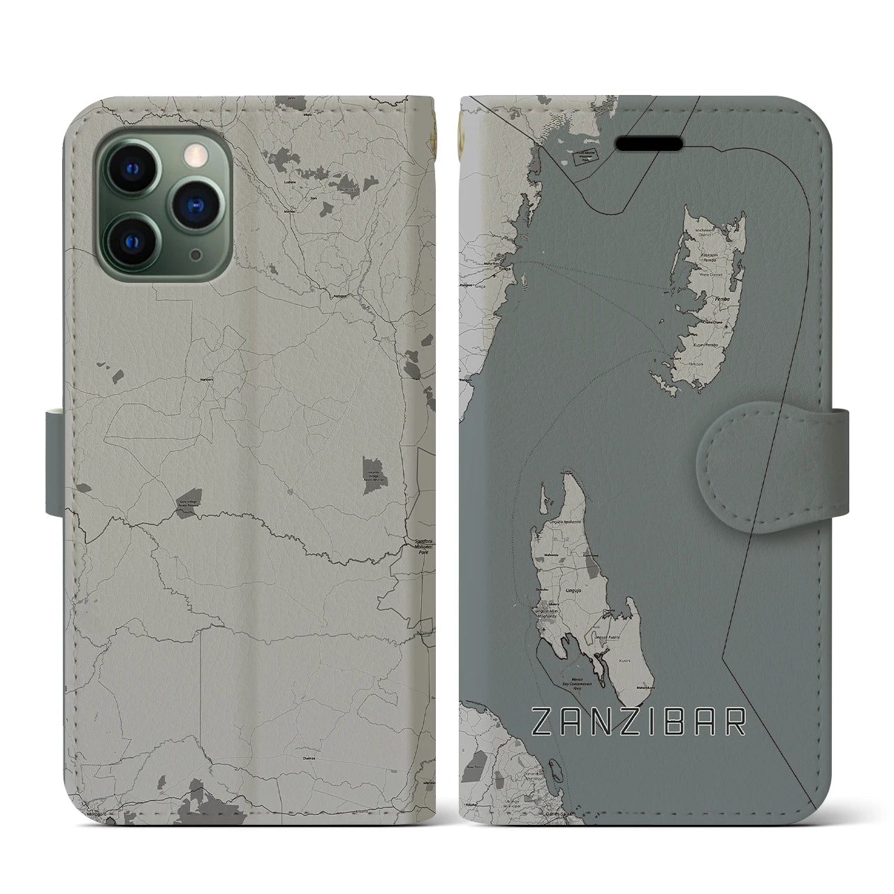 【ザンジバル(タンザニア)】地図柄iPhoneケース(手帳タイプ)モノトーン・iPhone 11 Pro 用