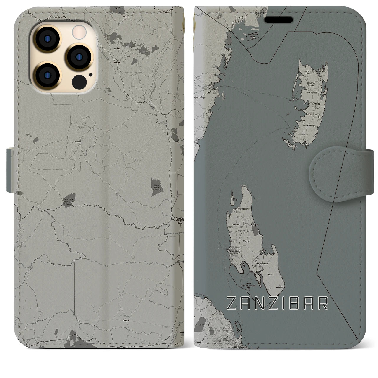 【ザンジバル(タンザニア)】地図柄iPhoneケース(手帳タイプ)モノトーン・iPhone 12 Pro Max 用