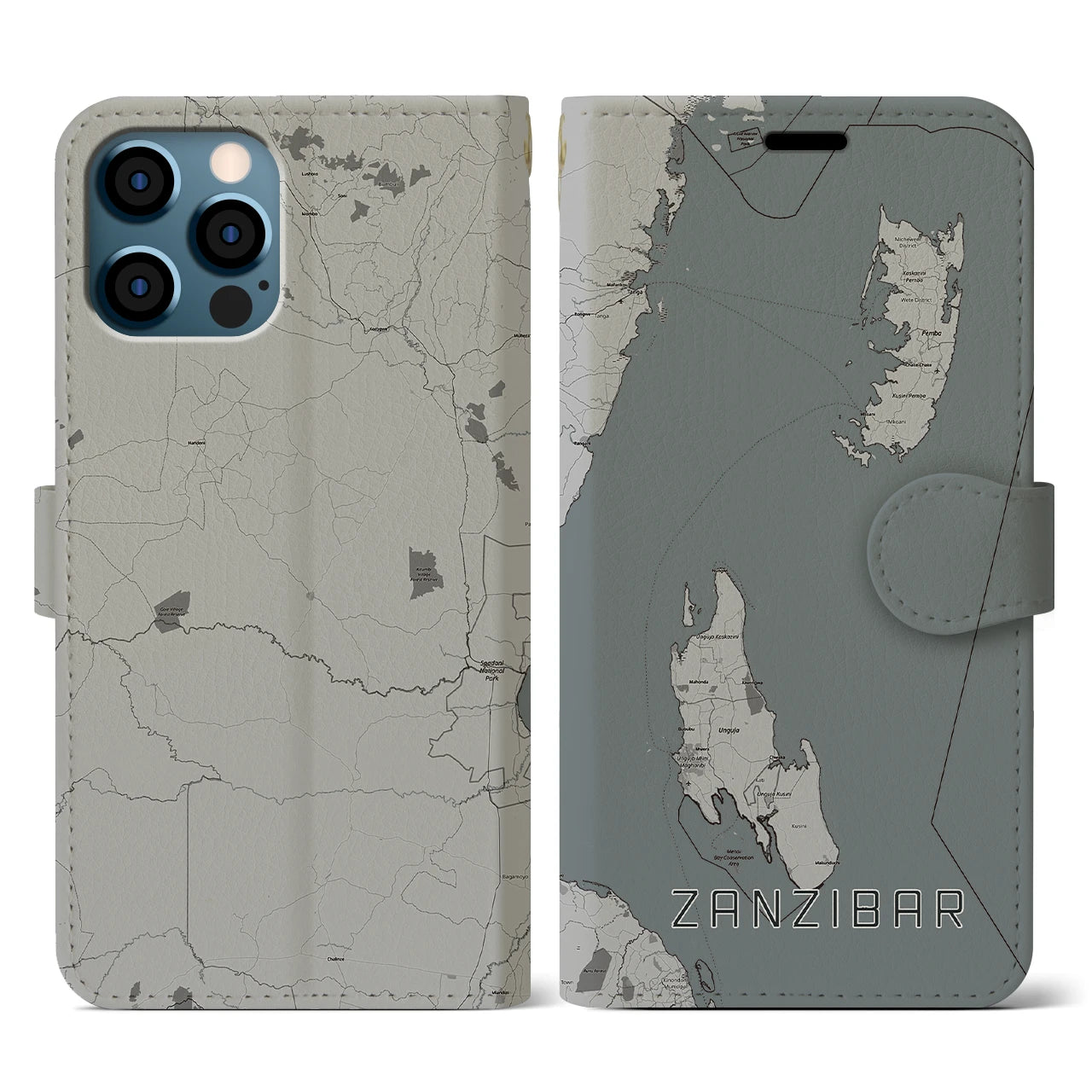【ザンジバル(タンザニア)】地図柄iPhoneケース(手帳タイプ)モノトーン・iPhone 12 / 12 Pro 用