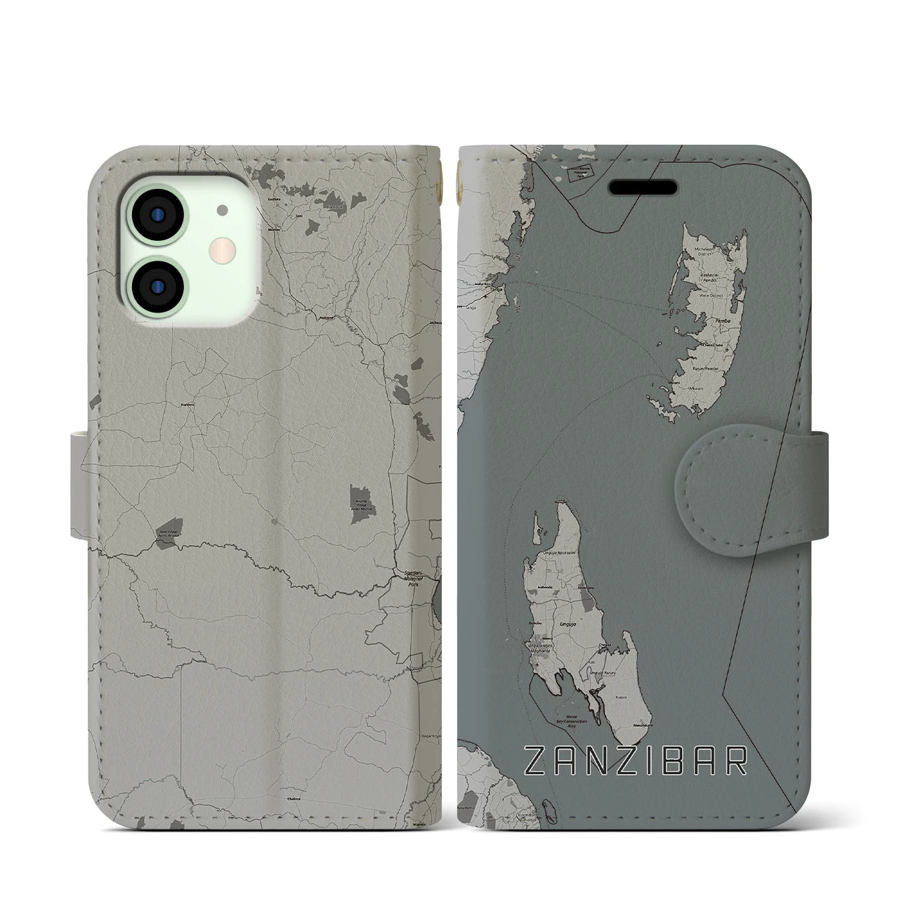 【ザンジバル(タンザニア)】地図柄iPhoneケース(手帳タイプ)モノトーン・iPhone 12 mini 用