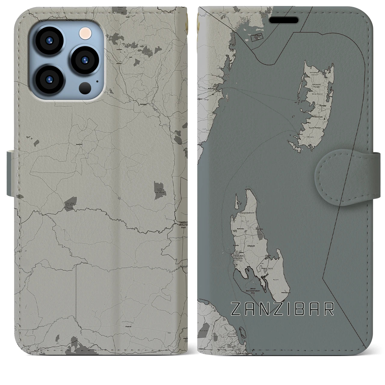 【ザンジバル(タンザニア)】地図柄iPhoneケース(手帳タイプ)モノトーン・iPhone 13 Pro Max 用