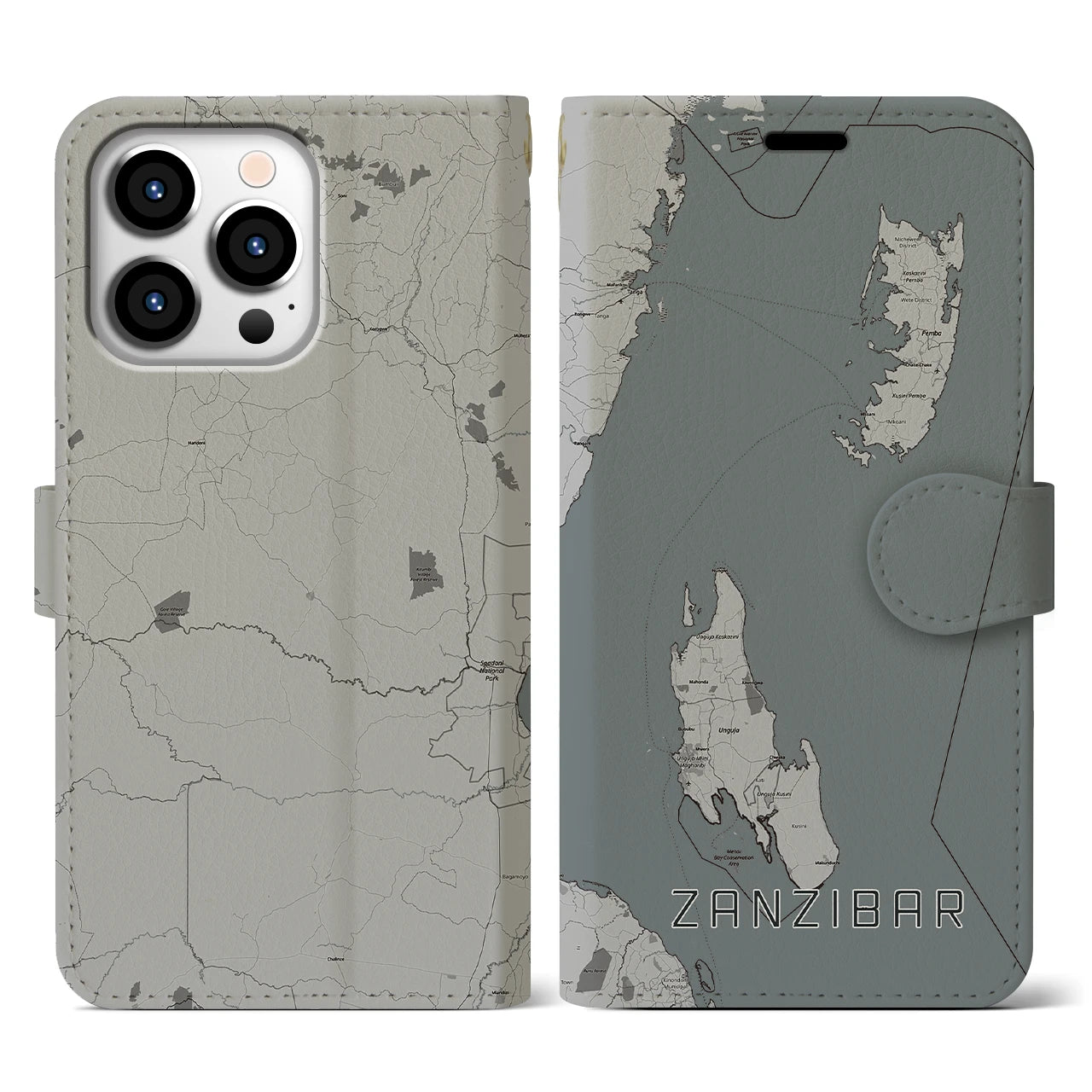 【ザンジバル(タンザニア)】地図柄iPhoneケース(手帳タイプ)モノトーン・iPhone 13 Pro 用