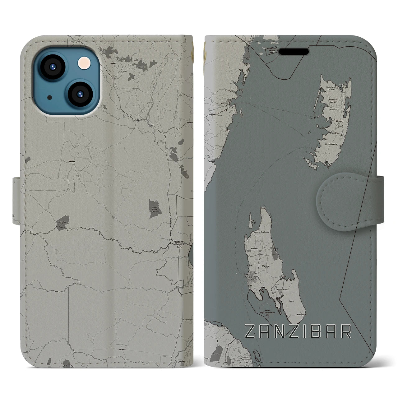 【ザンジバル(タンザニア)】地図柄iPhoneケース(手帳タイプ)モノトーン・iPhone 13 用
