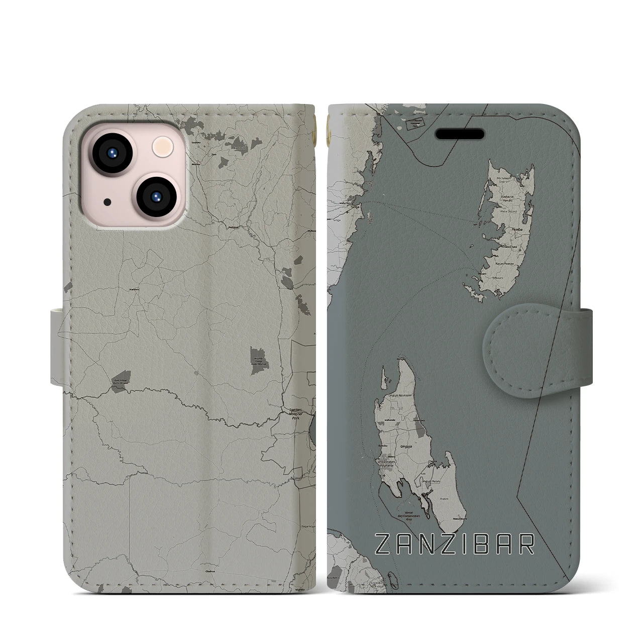 【ザンジバル(タンザニア)】地図柄iPhoneケース(手帳タイプ)モノトーン・iPhone 13 mini 用