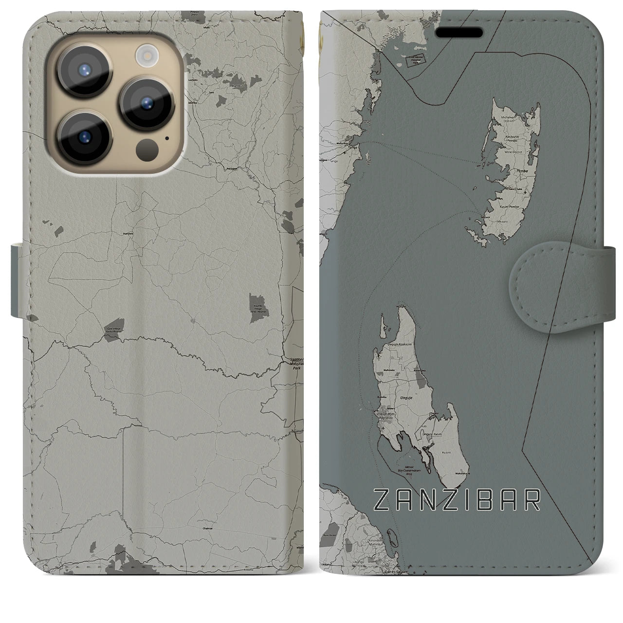 【ザンジバル(タンザニア)】地図柄iPhoneケース(手帳タイプ)モノトーン・iPhone 14 Pro Max 用