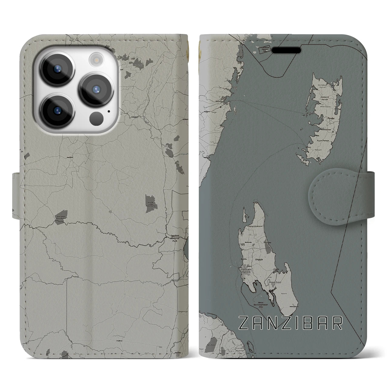 【ザンジバル(タンザニア)】地図柄iPhoneケース(手帳タイプ)モノトーン・iPhone 14 Pro 用