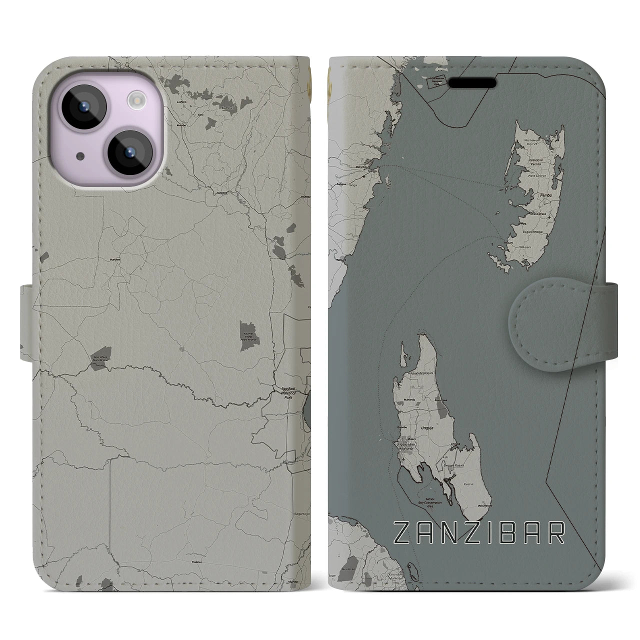 【ザンジバル(タンザニア)】地図柄iPhoneケース(手帳タイプ)モノトーン・iPhone 14 用