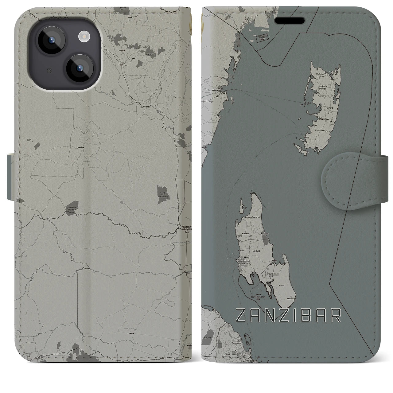 【ザンジバル(タンザニア)】地図柄iPhoneケース(手帳タイプ)モノトーン・iPhone 14 Plus 用