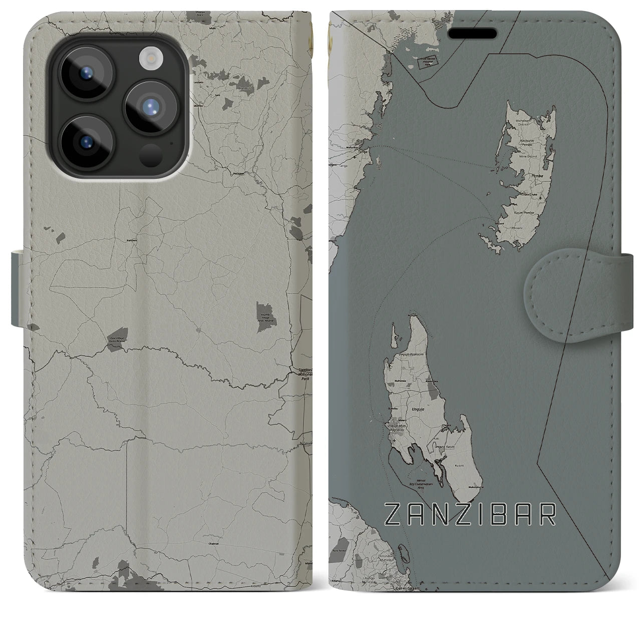 【ザンジバル(タンザニア)】地図柄iPhoneケース(手帳タイプ)モノトーン・iPhone 15 Pro Max 用