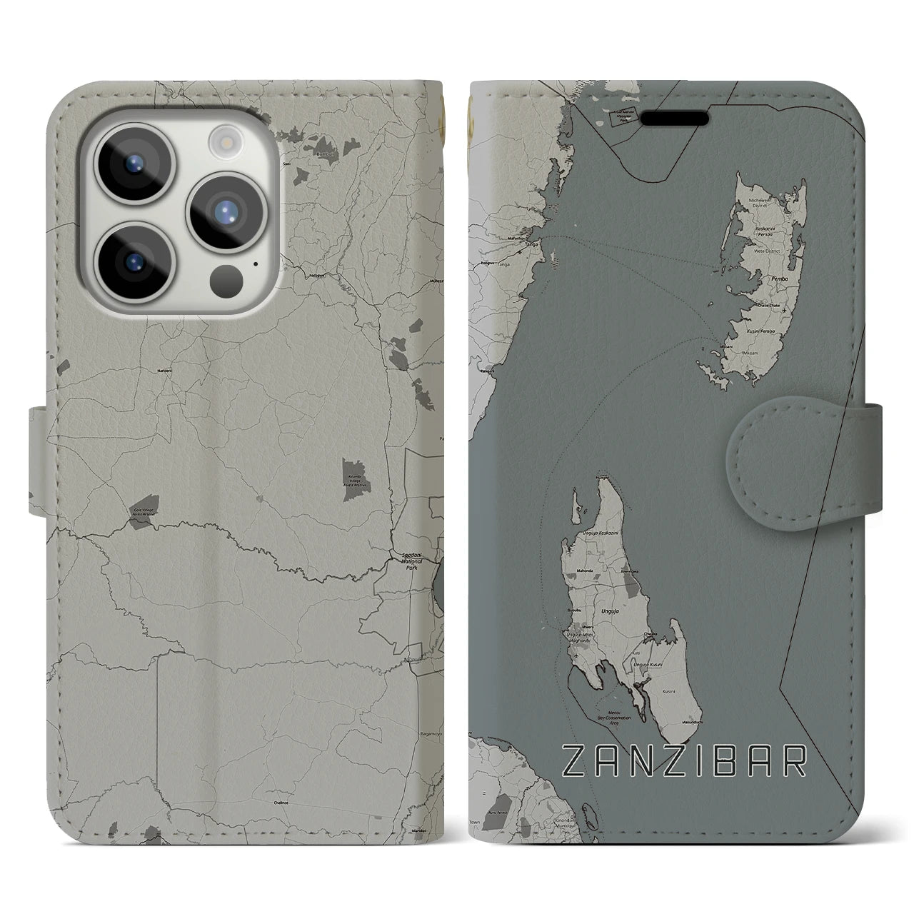 【ザンジバル(タンザニア)】地図柄iPhoneケース(手帳タイプ)モノトーン・iPhone 15 Pro 用