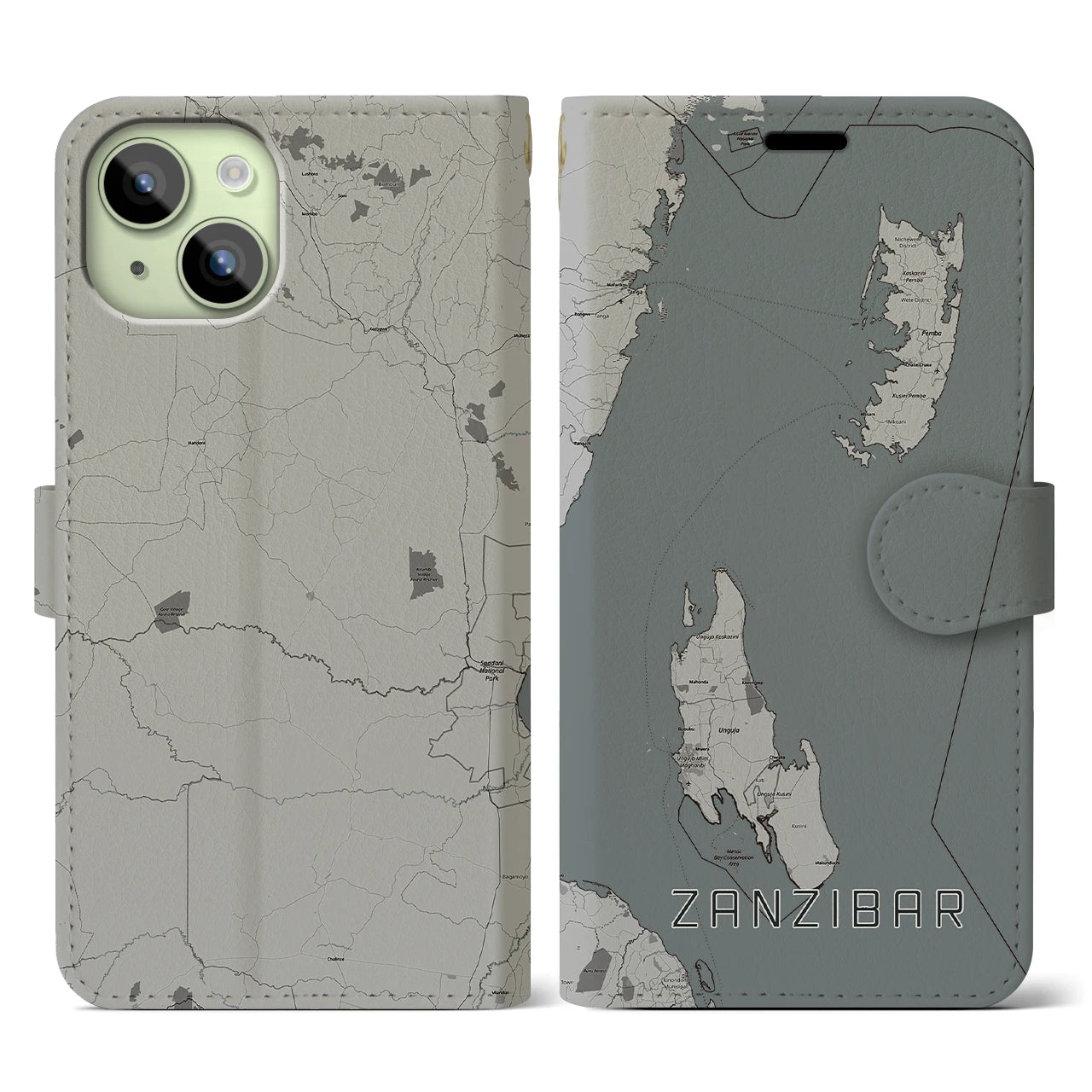 【ザンジバル(タンザニア)】地図柄iPhoneケース(手帳タイプ)モノトーン・iPhone 15 用