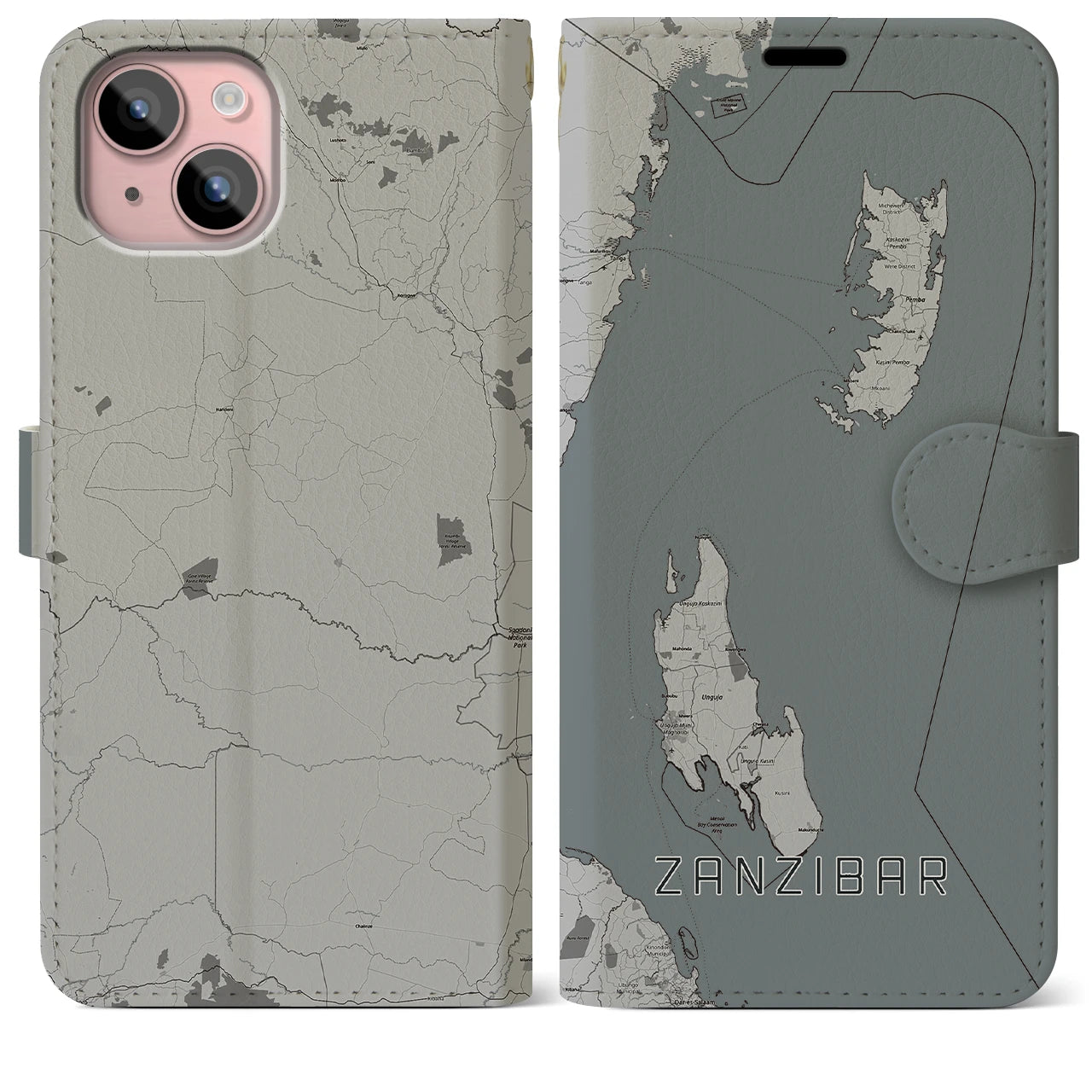【ザンジバル(タンザニア)】地図柄iPhoneケース(手帳タイプ)モノトーン・iPhone 15 Plus 用