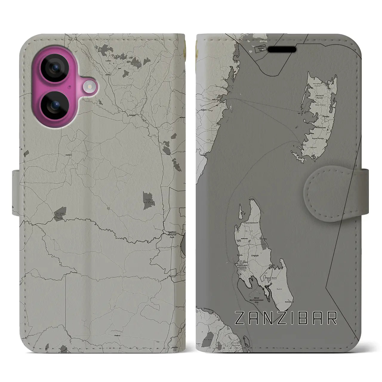【ザンジバル(タンザニア)】地図柄iPhoneケース(手帳タイプ)モノトーン・iPhone 16 Pro 用